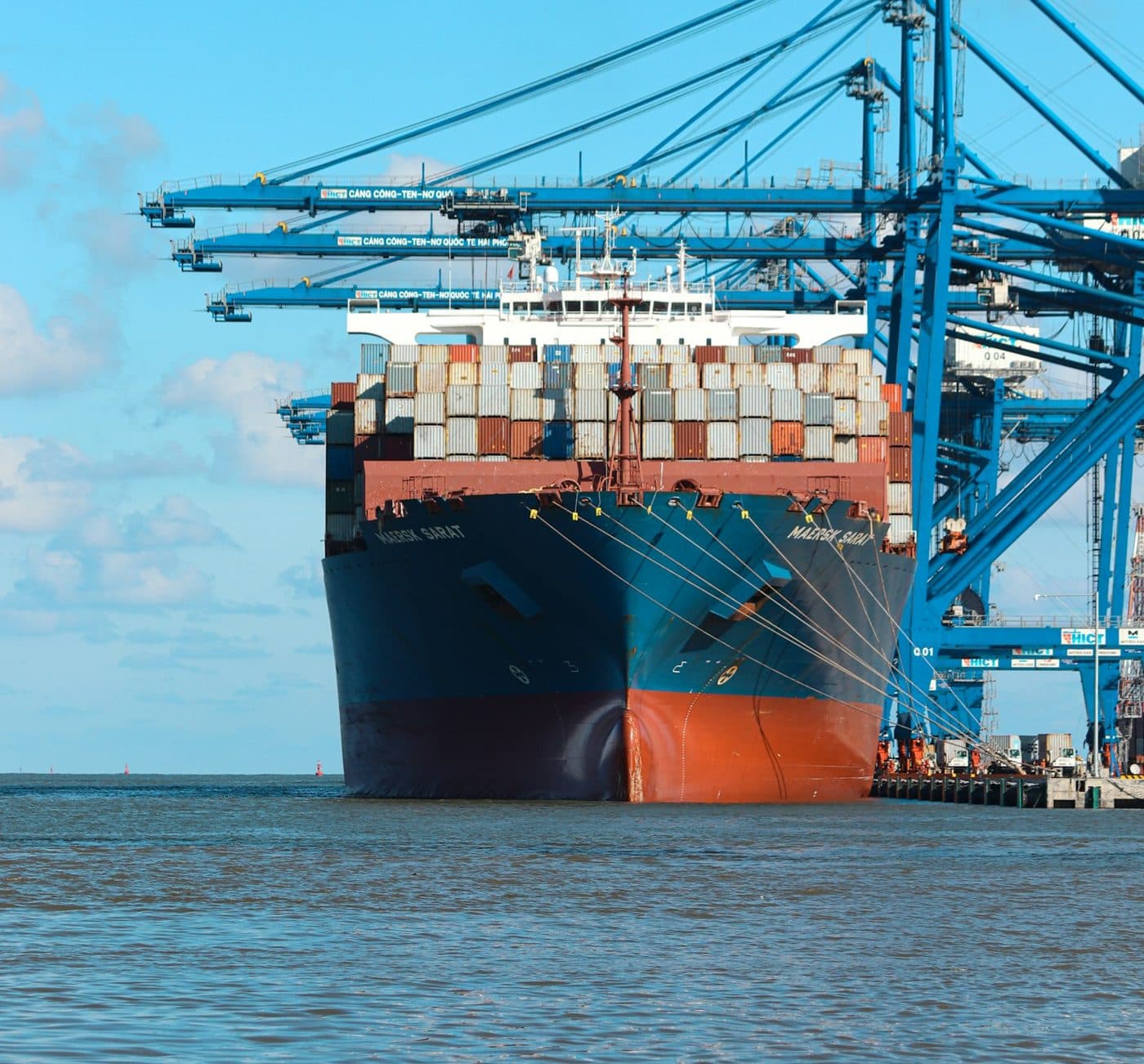 Container ship loaded with cargo at port